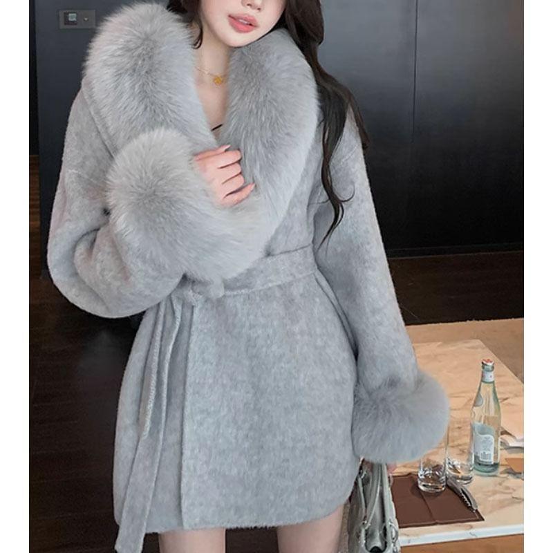 Shawl Collar Plain Panel Faux Fur Tie Front Coat product image