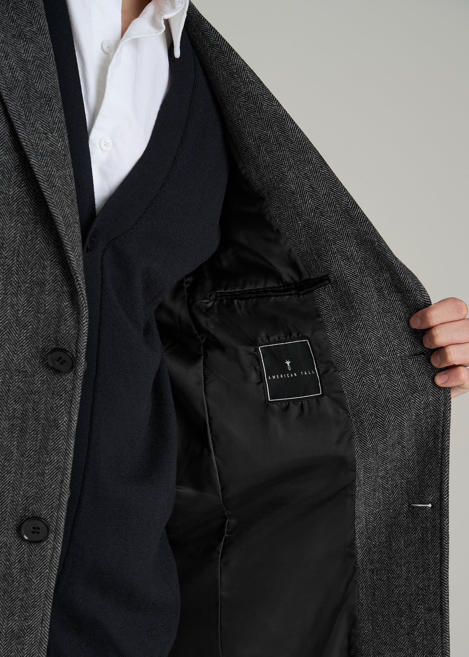 Wool Coat for Tall Men in Grey and Black Herringbone Product Image