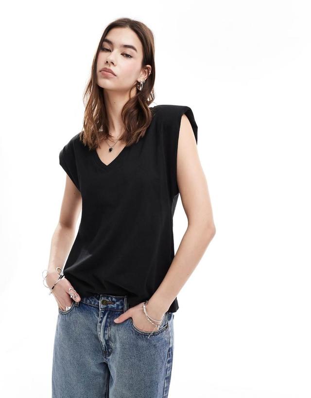 ONLY v-neck padded shoulder t-shirt in black   Product Image