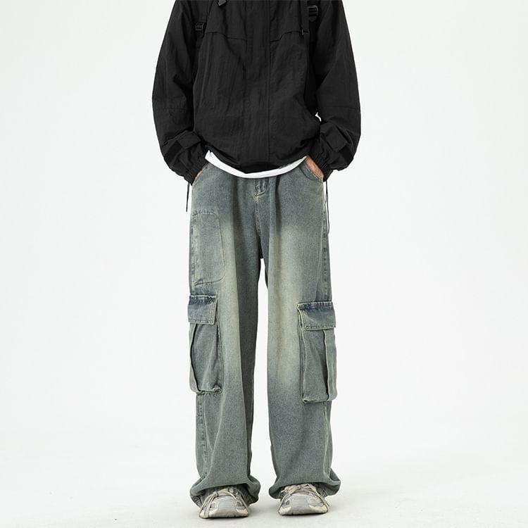 Mid Rise Washed Wide Leg Cargo Jeans Product Image