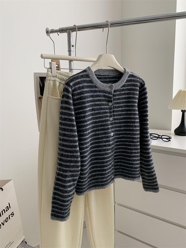 Round Neck Striped Cardigan Product Image