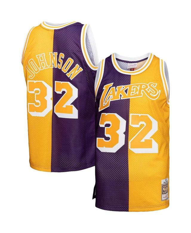 Mens Mitchell & Ness Magic Johnson Purple, Gold Los Angeles Lakers Big and Tall Hardwood Classics 1984-85 Split Swingman Jersey - Purple, Gold Product Image