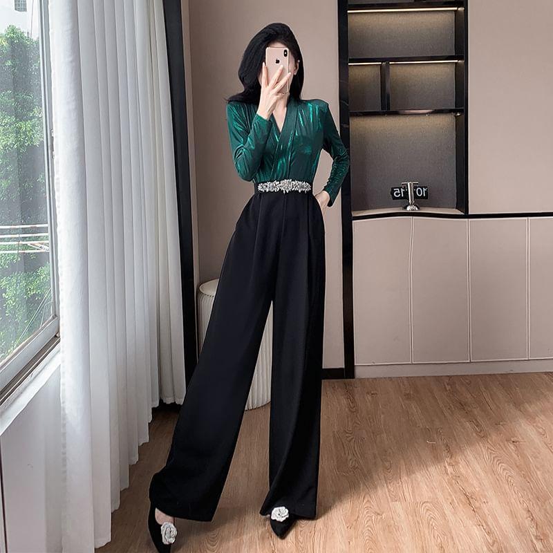 Long-Sleeve Faux Leather Wide Leg Jumpsuit Product Image