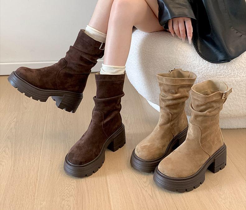 Platform Buckled Faux Suede Mid Calf Boots Product Image