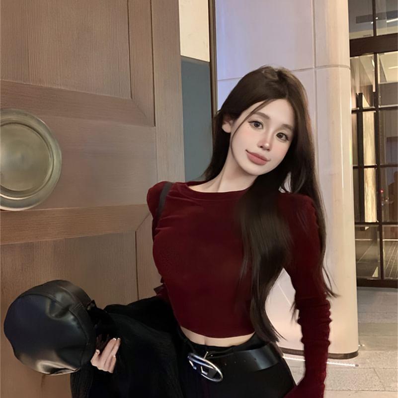 Long Sleeve Round Neck Plain Velvet Crop Top Product Image