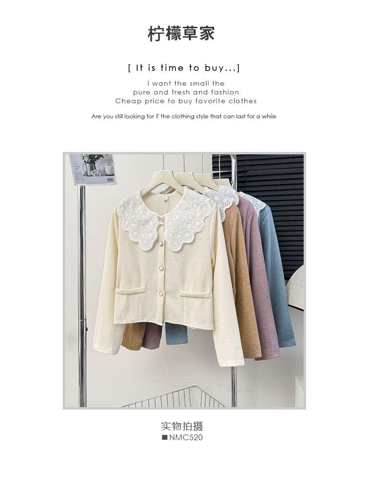 Lace-Collar Crew-Neck Cardigan in 5 Colors Product Image