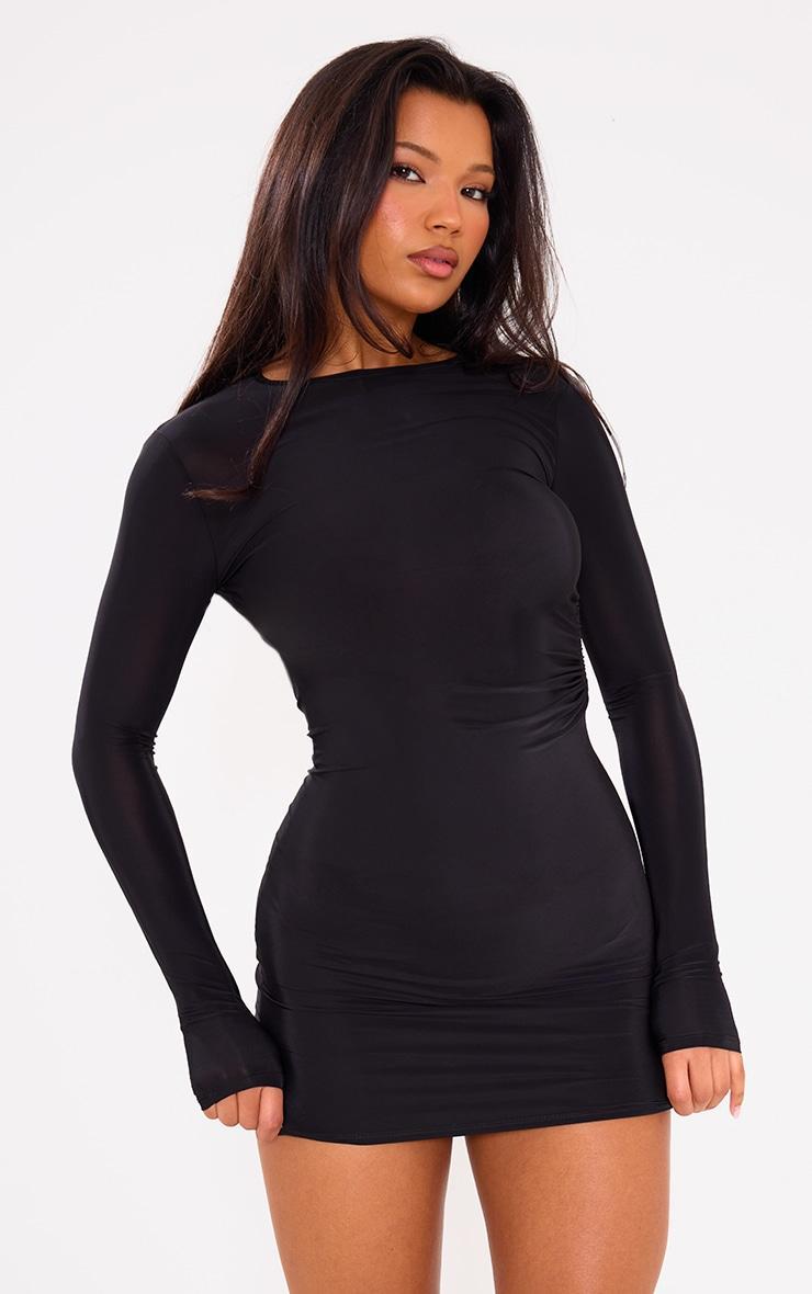 Black Slinky Cut Out Tie Back Detail Bodycon Dress Product Image