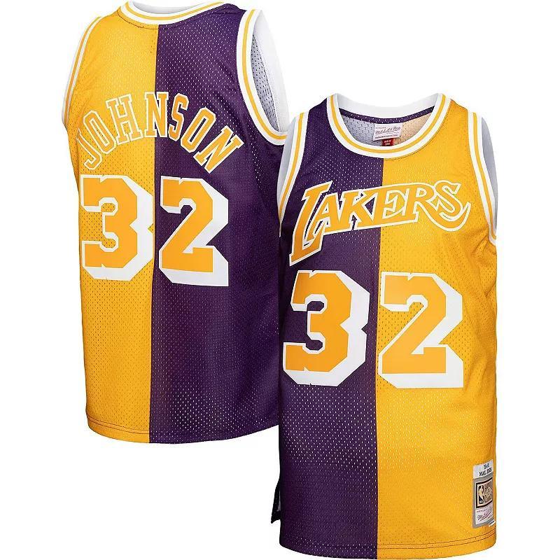 Mens Mitchell & Ness Magic Johnson /Gold Los Angeles Lakers Big & Tall Hardwood Classics 1984-85 Split Swingman Jersey Product Image