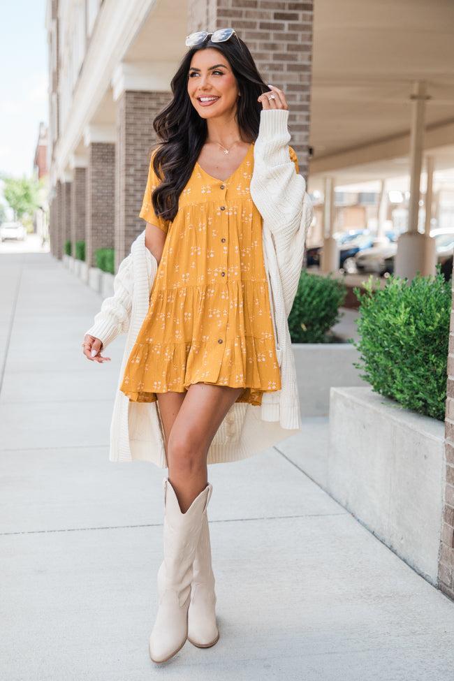 Modern Muse Mustard Floral Print Button Up Dress Product Image