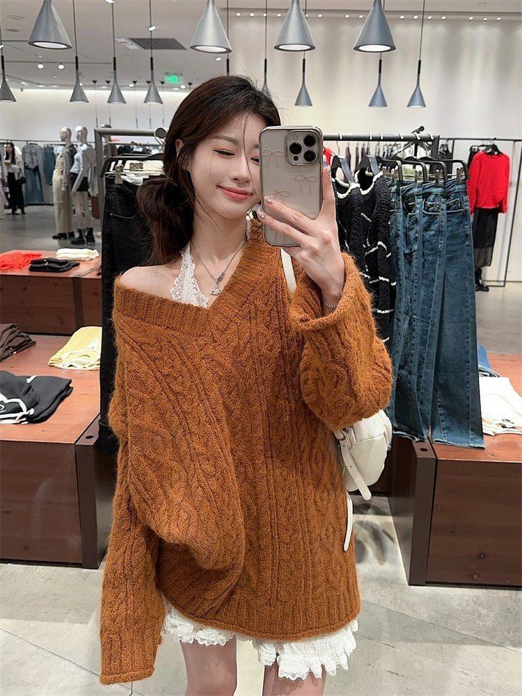 V-Neck Plain Cable Knit Oversized Sweater Product Image