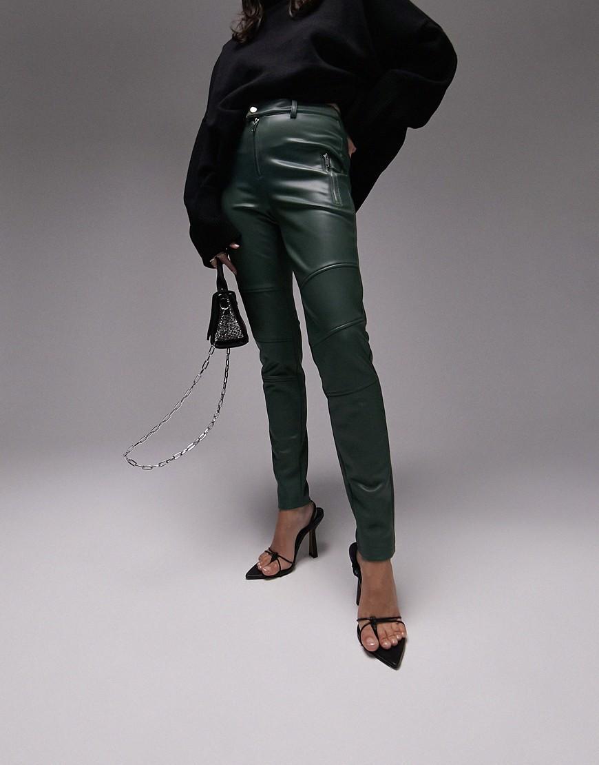 Topshop faux leather skinny fit biker pants in khaki Product Image