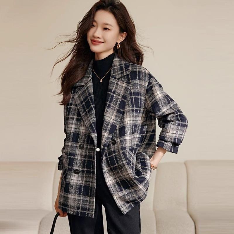 Lapel Collar Plaid Double-Breasted Oversized Blazer Product Image