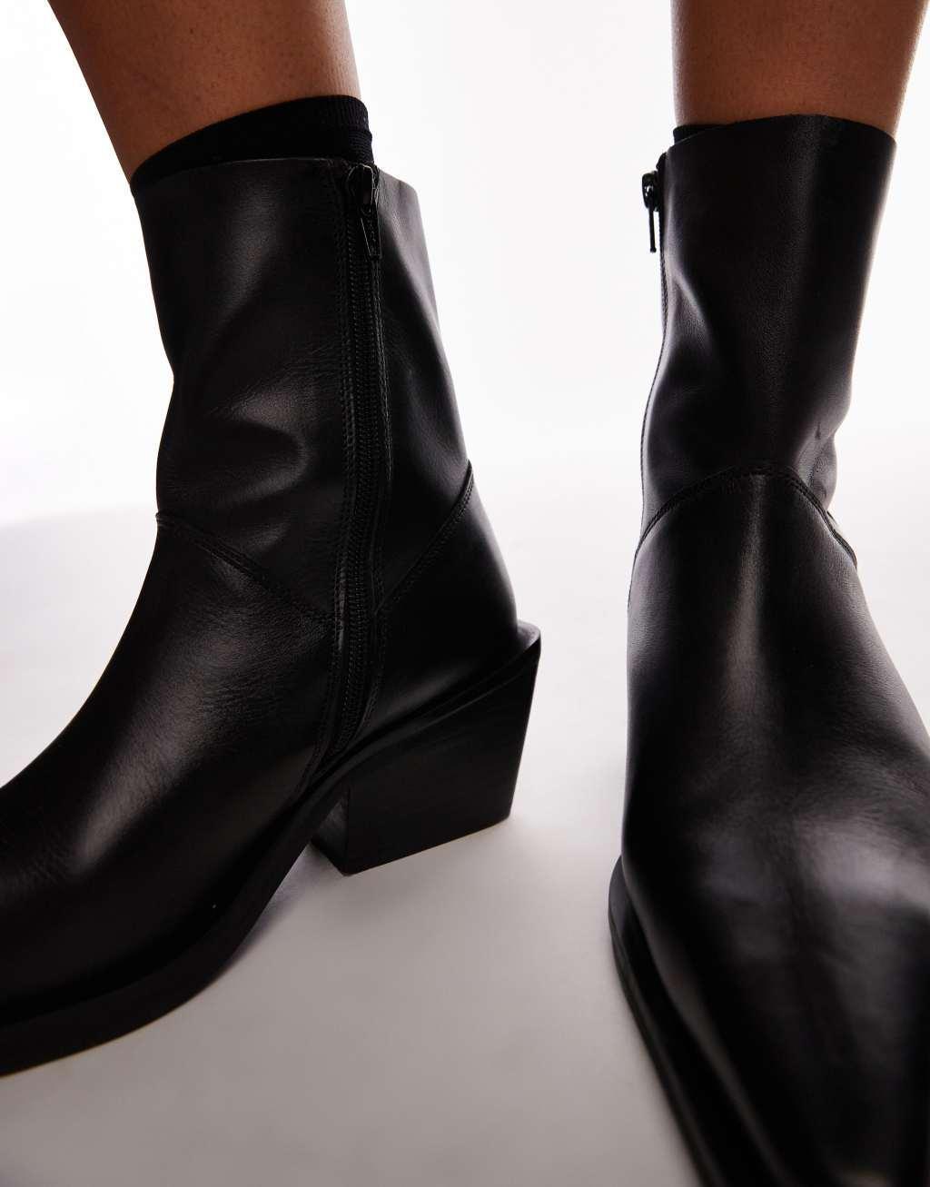 Topshop Maddy leather western boots in black Product Image