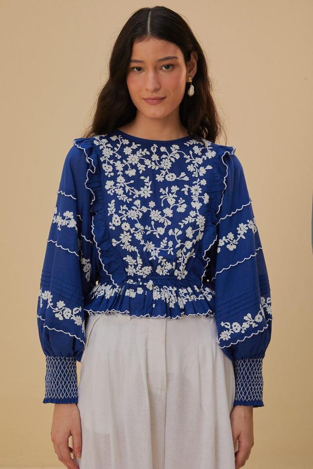 Navy Blue Embroidered Long Sleeve Blouse Product Image