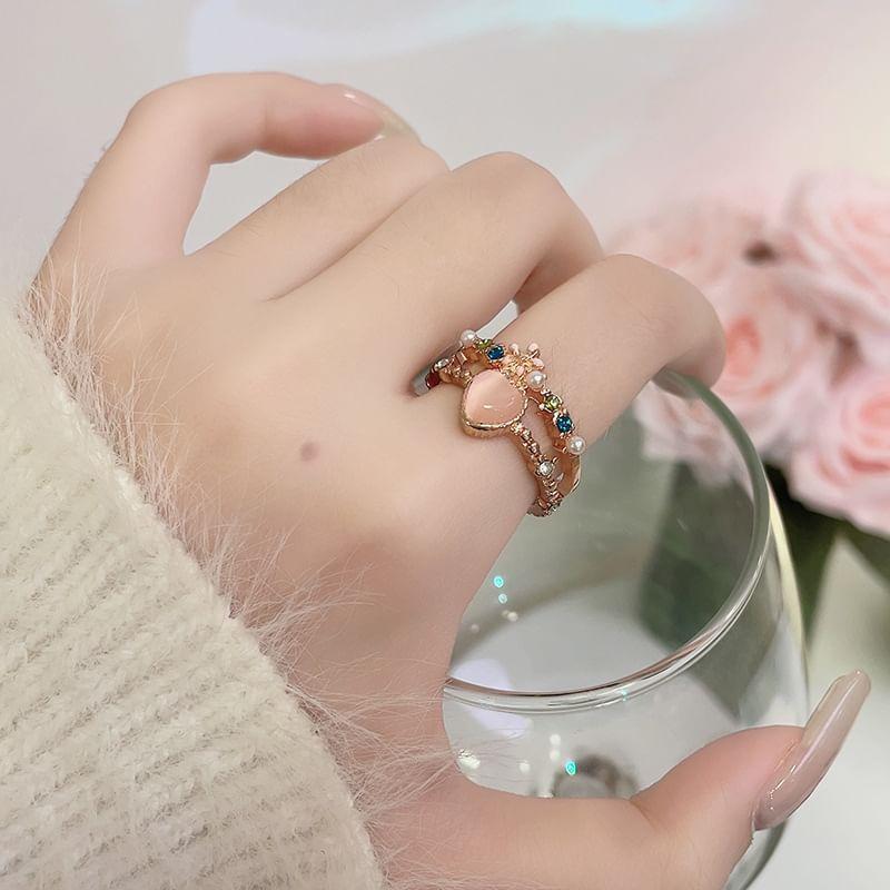 Floral Heart Faux Gemstone Layered Alloy Open Ring Product Image