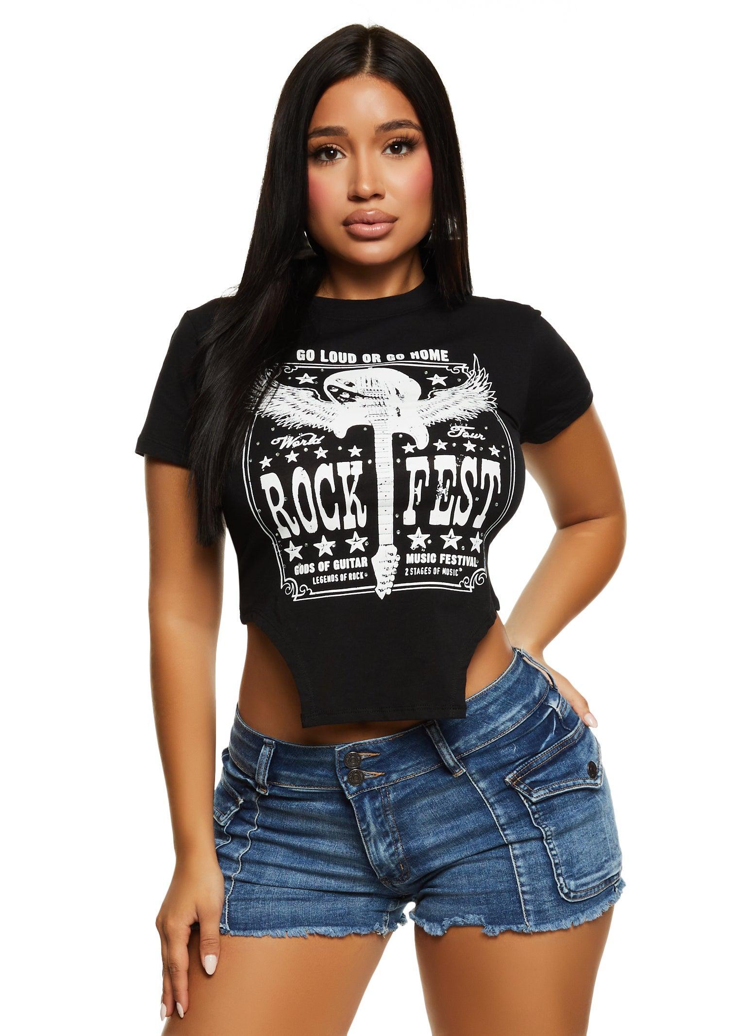 Womens Rhinestone Rock Fest Cropped Graphic T Shirt Product Image