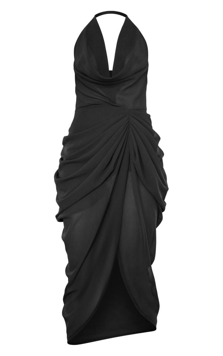 Black Halterneck Cowl Drape Midi Dress Product Image