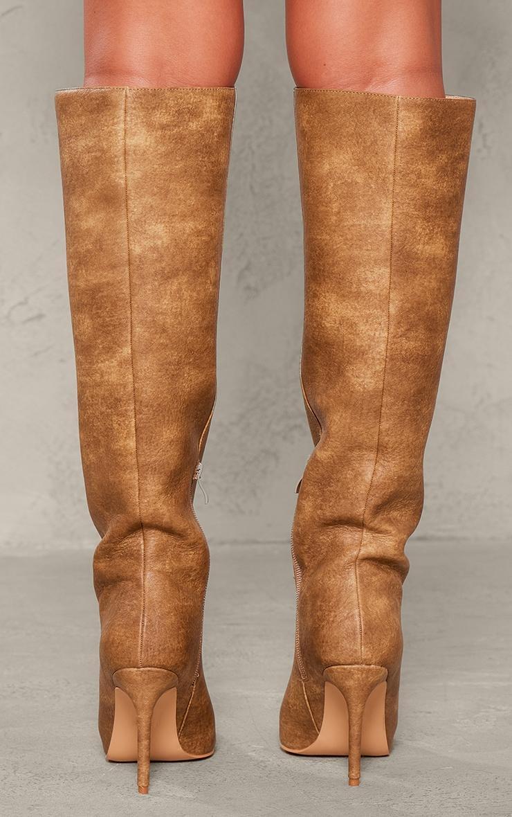 Tan Distressed Pu Point Toe Knee High Heeled Boots Product Image