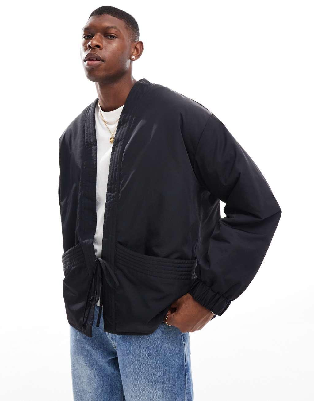 ASOS DESIGN oversized nylon tie front jacket in black Product Image