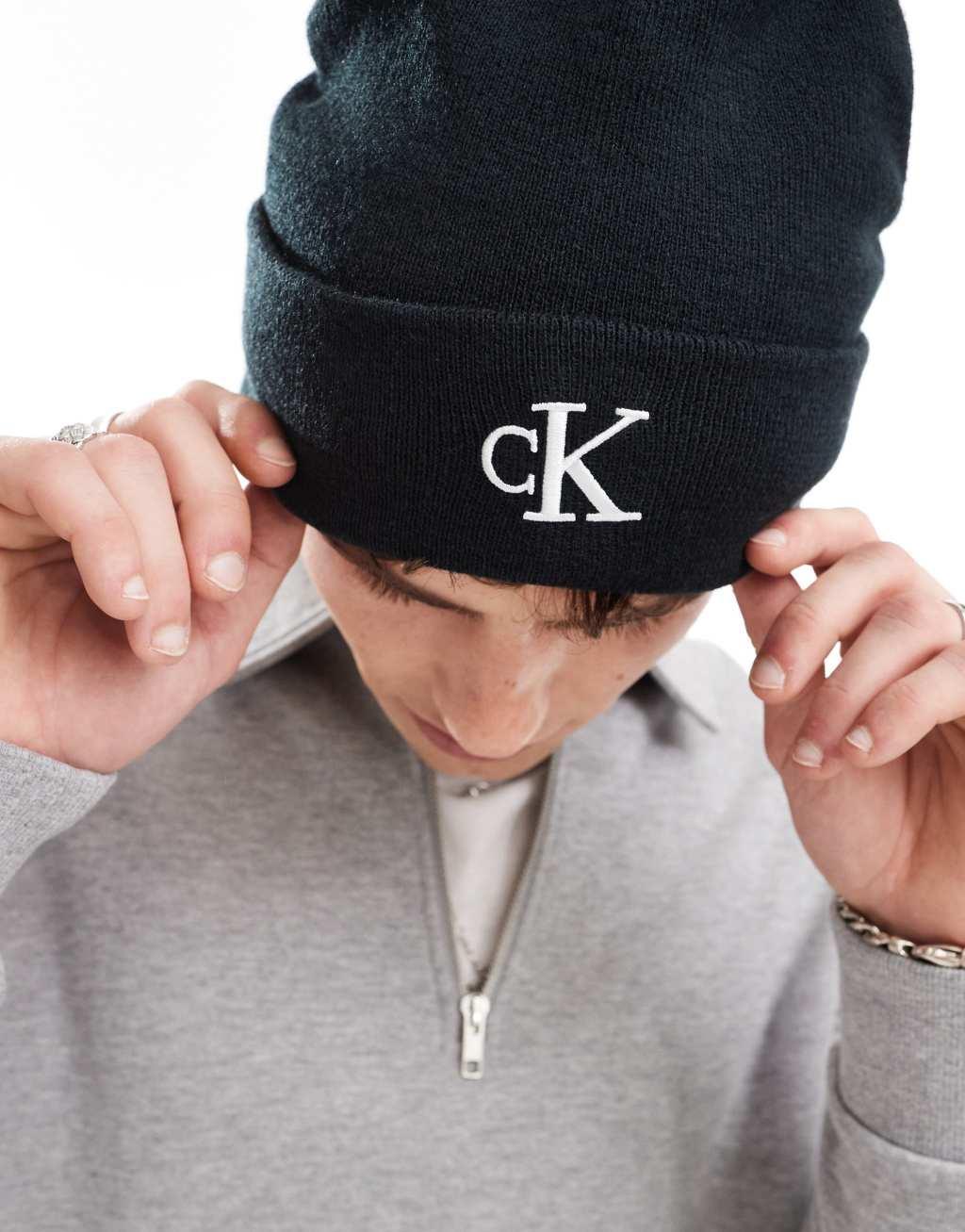 Calvin Klein Jeans monologo embroidered beanie in black Product Image