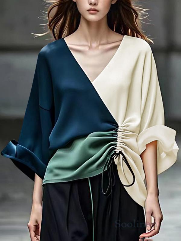 Long Sleeves Loose Color-Block Contrast Color Drawstring Elasticity V-Neck Blouses&Shirts Tops Product Image