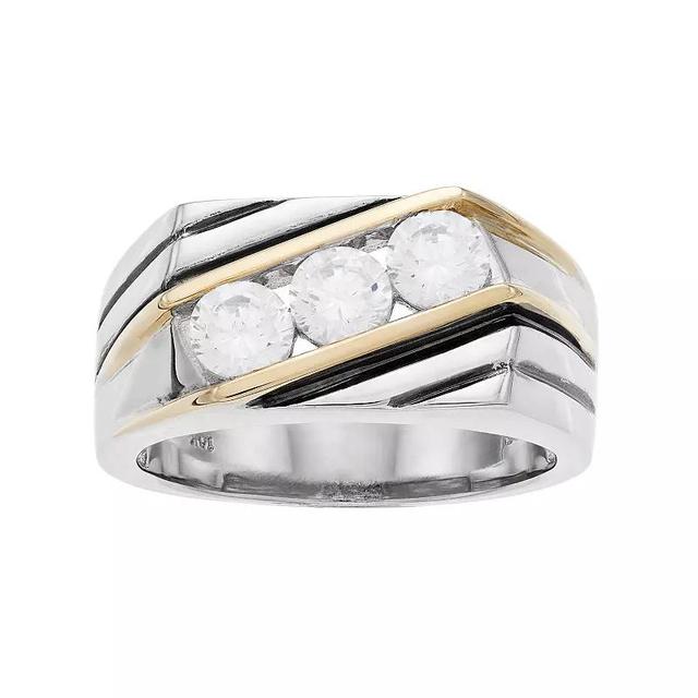 Mens Two Tone Sterling Silver Cubic Zirconia 3-Stone Ring White Product Image