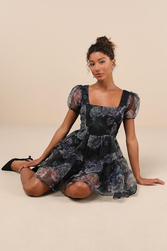 Exceptional Fate Black Floral Organza Puff Sleeve Mini Dress Product Image