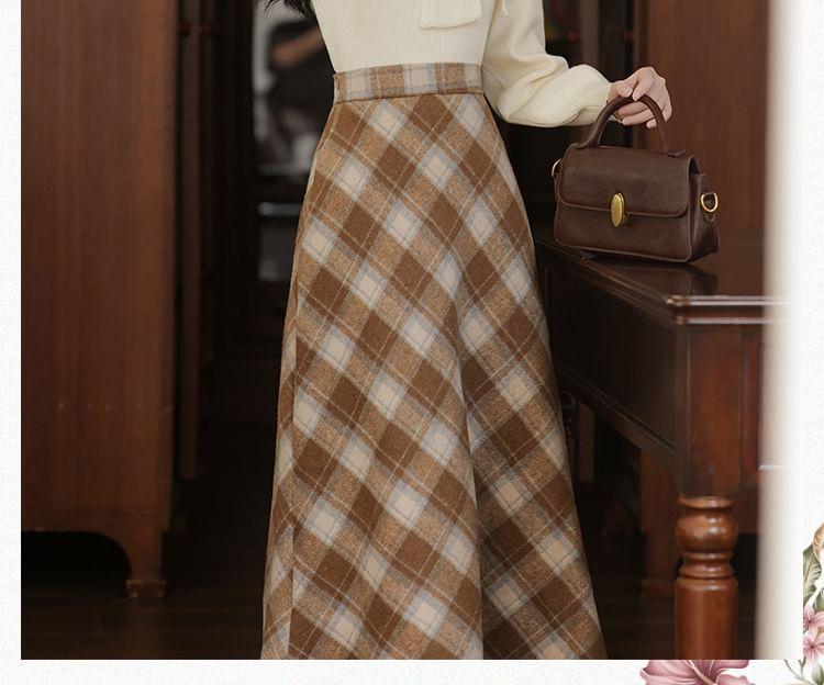 Set: Long-Sleeve Ribbon Neck Plain Top + High Rise Plaid Midi A-Line Skirt Product Image