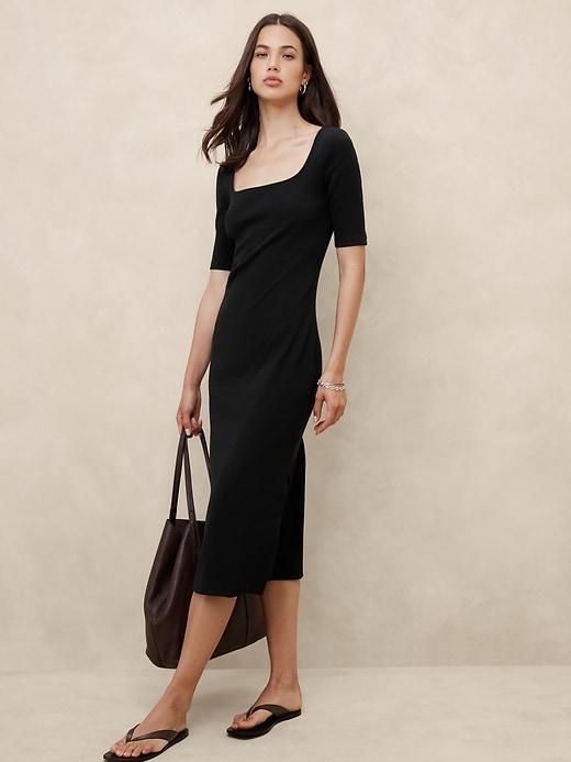 Elbow-Sleeve Ribbed Midi Dress Product Image