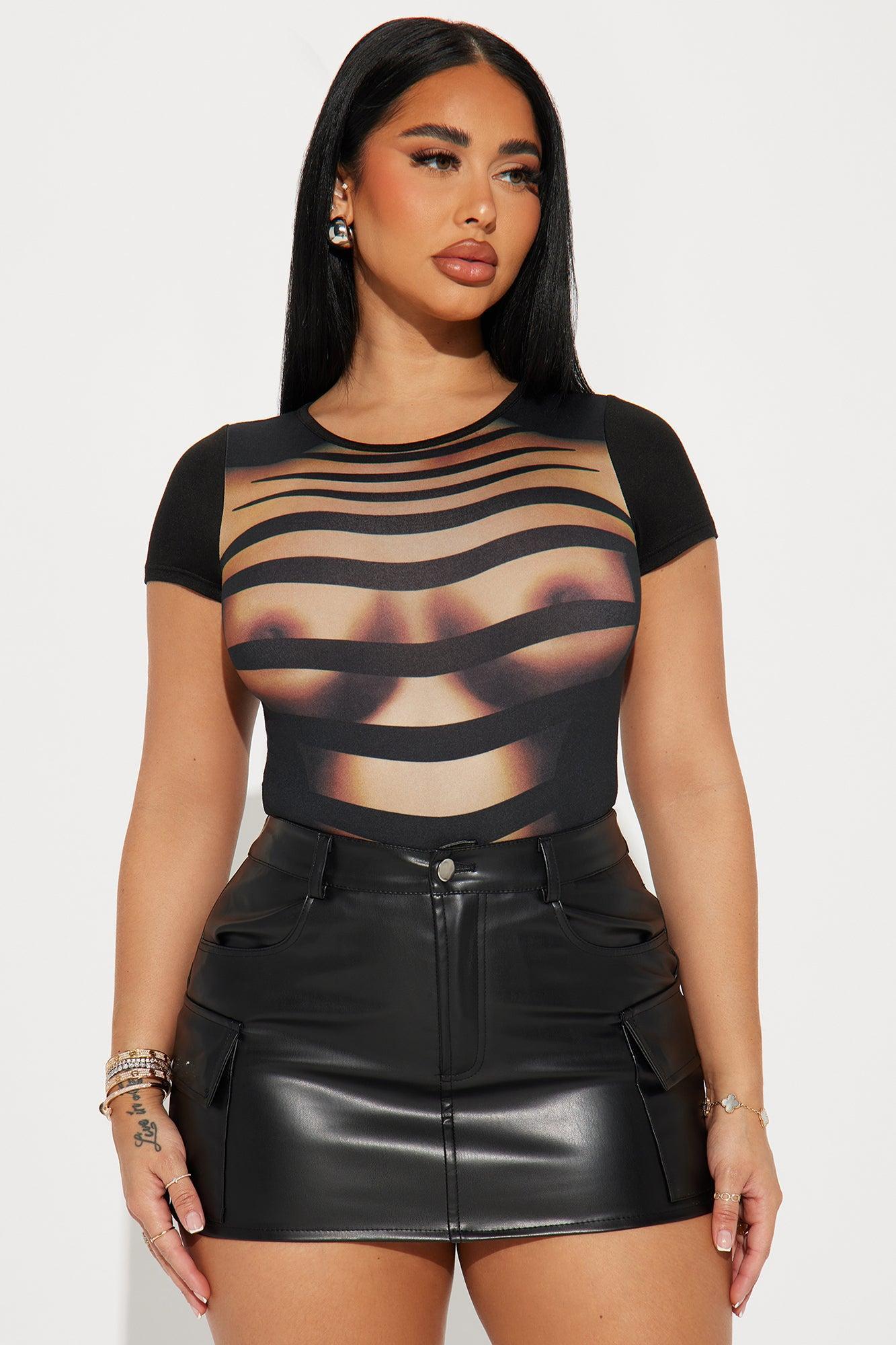 Hot And Seductive Short Sleeve Bodysuit - Brown/combo Product Image