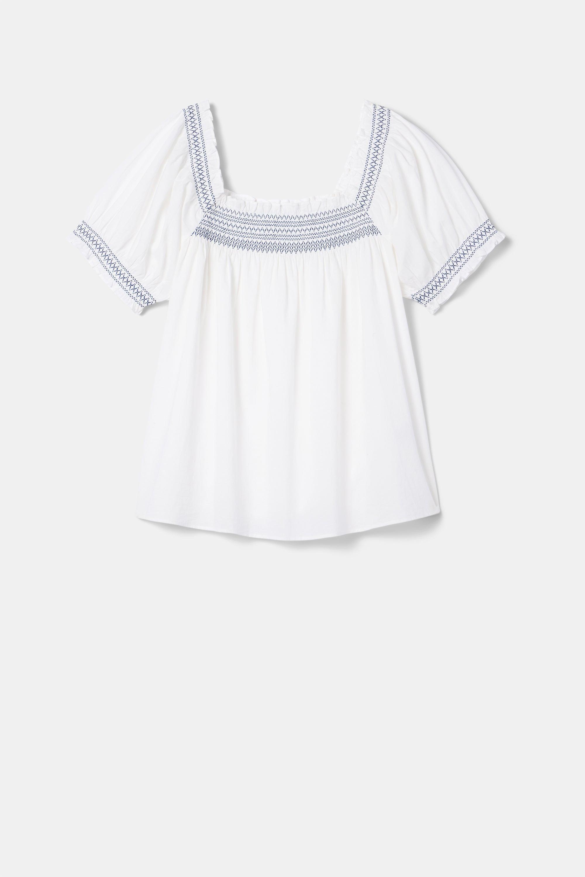 Embroidered Smocked Top - White Cobalt Embroidery Product Image