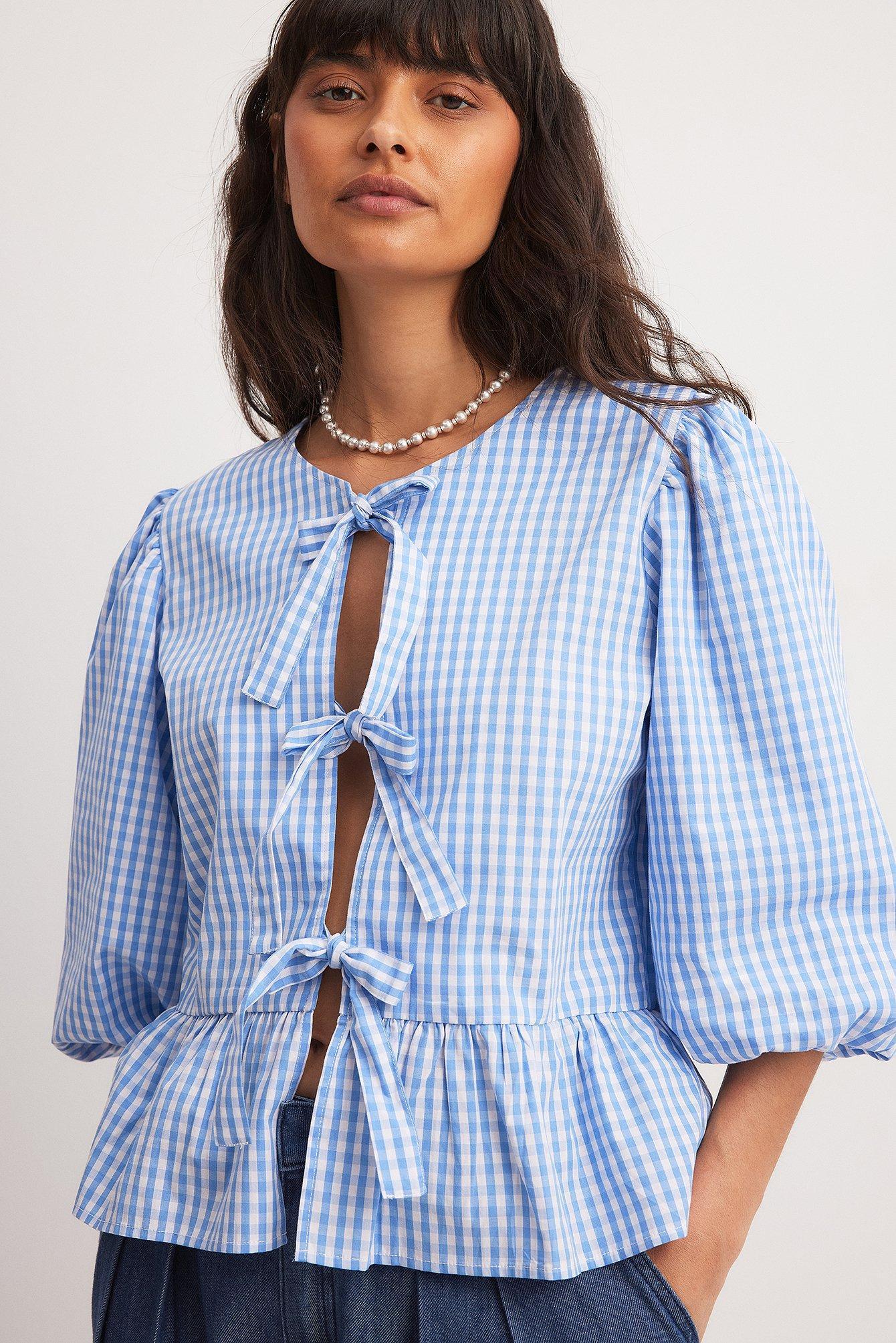 Checked Tie Detail Puffy Sleeve Blouse product image