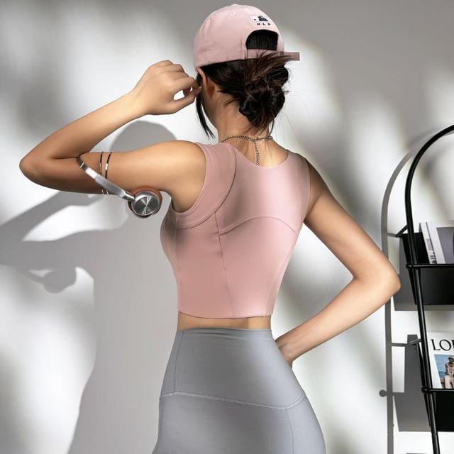 Square Neck Plain Zip Front Sports Bra Top Product Image