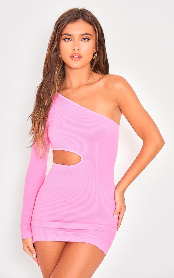 Bright Pink Structured Snatched Rib One Shoulder Cut Out Bodycon Dress Product Image