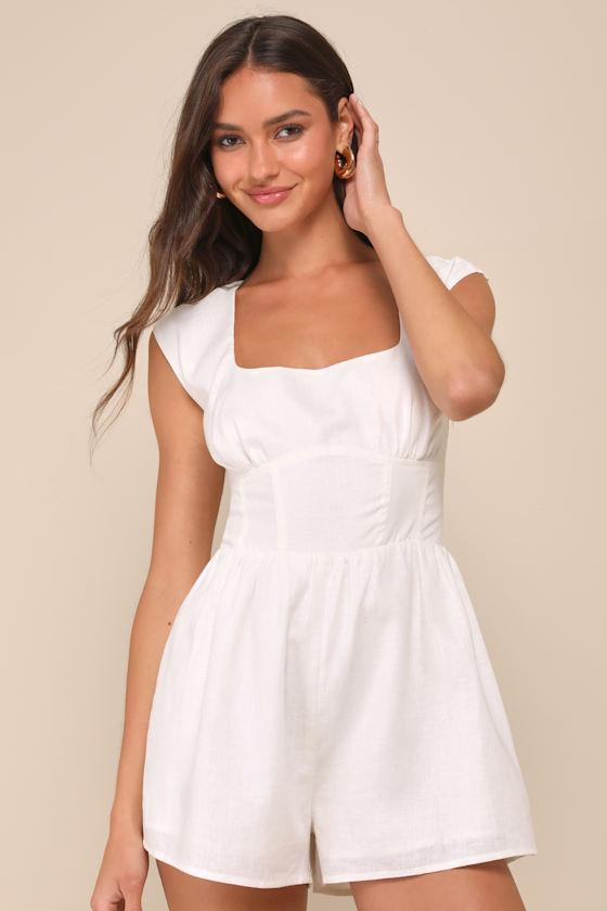 Elegant Babe White Linen Bustier Cap Sleeve Romper Product Image