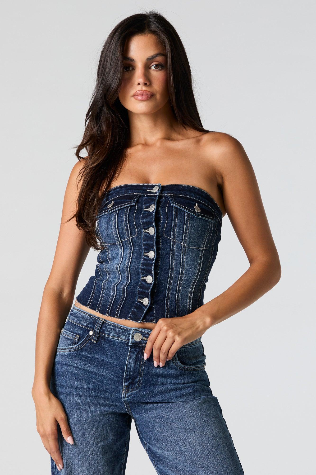 Denim Button Front Tube Top Female Product Image