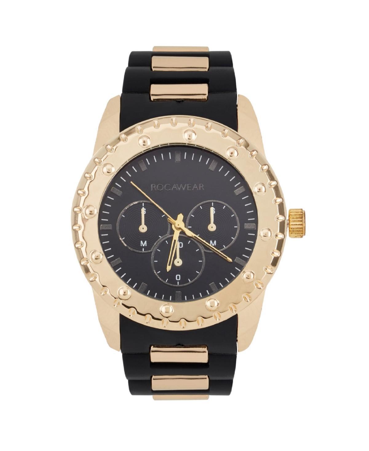 Rocawear Mens Analog Matte Black and Shiny Gold-Tone Link Rubber Strap Watch 51mm - Black, Gold Product Image