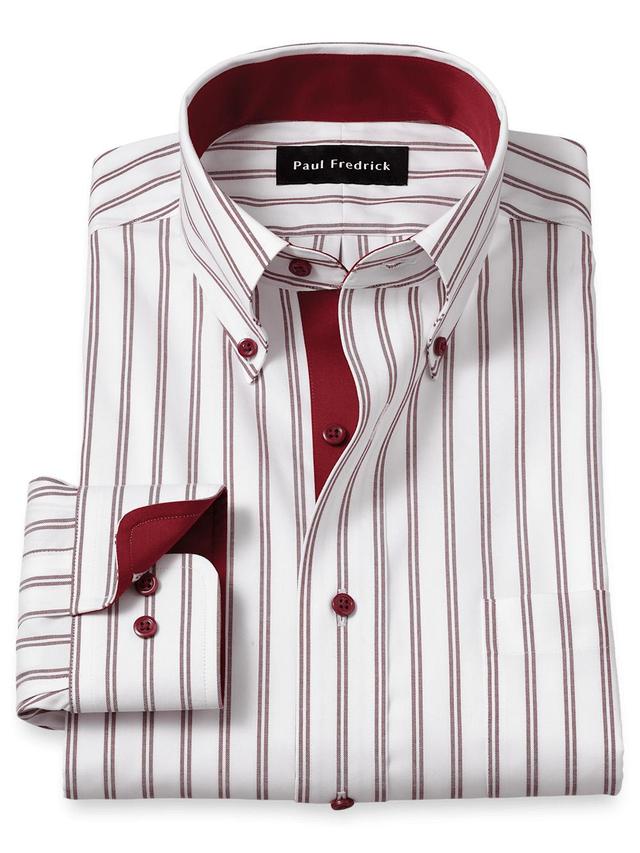 Comfort Stretch Non-Iron Stripe Dress Shirt With Contrast Trim - Burgundy Product Image