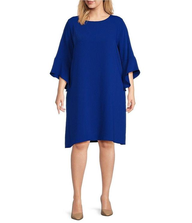 Caroline Rose Plus Size Julia Matte Crepe Round Neck 3/4 Ruffle Sleeve Shift Dress Product Image