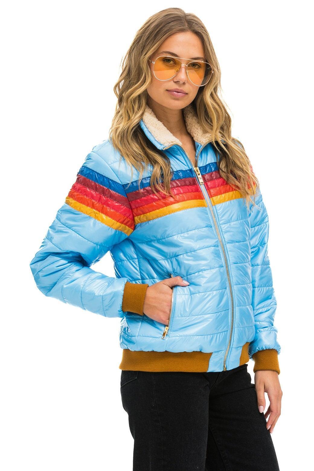 5 STRIPE RAINBOW SLEEVE JACKET -  SKY GLOSSY Female Product Image