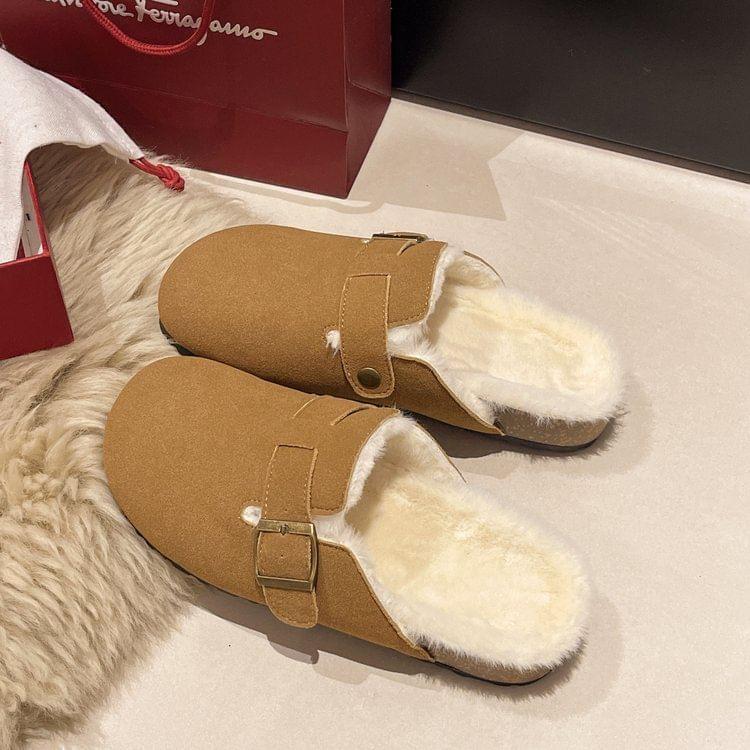 Buckled Fluffy Trim Mules Product Image