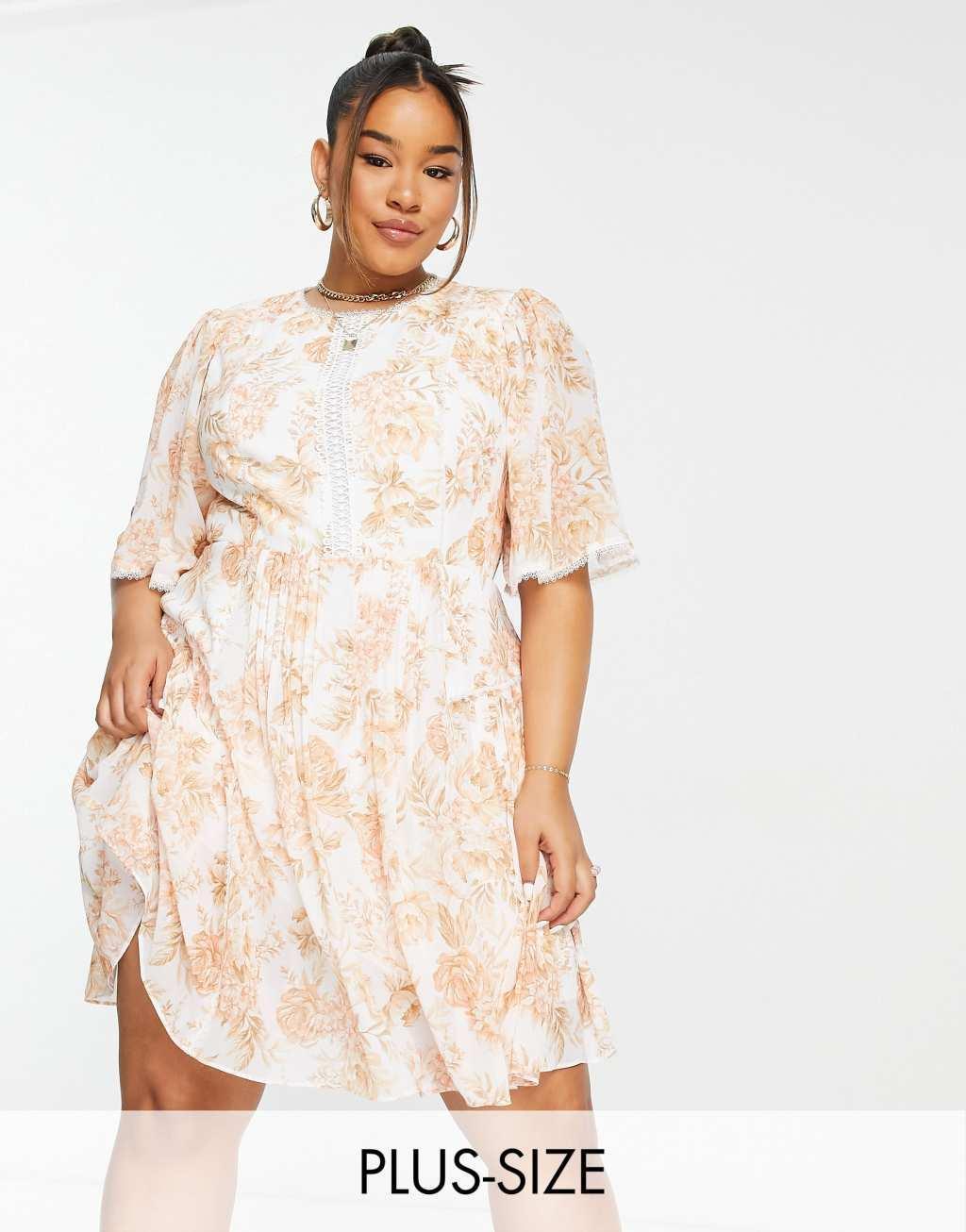 Ever New Curve high neck lace mini dress in apricot floral Product Image