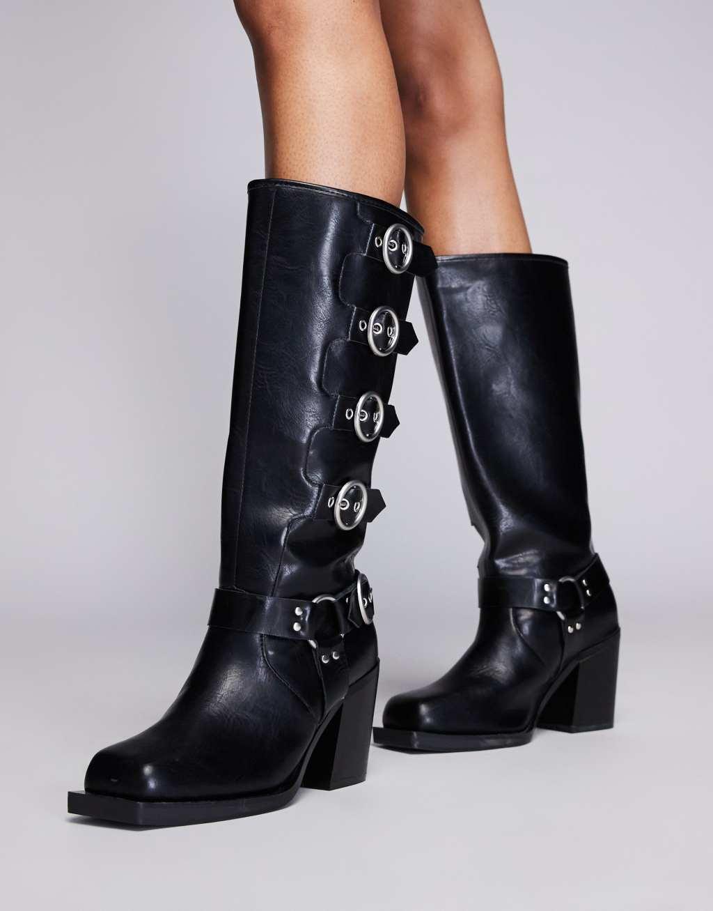 Public Desire Wide Fit Fetish heeled moto boots in black Product Image