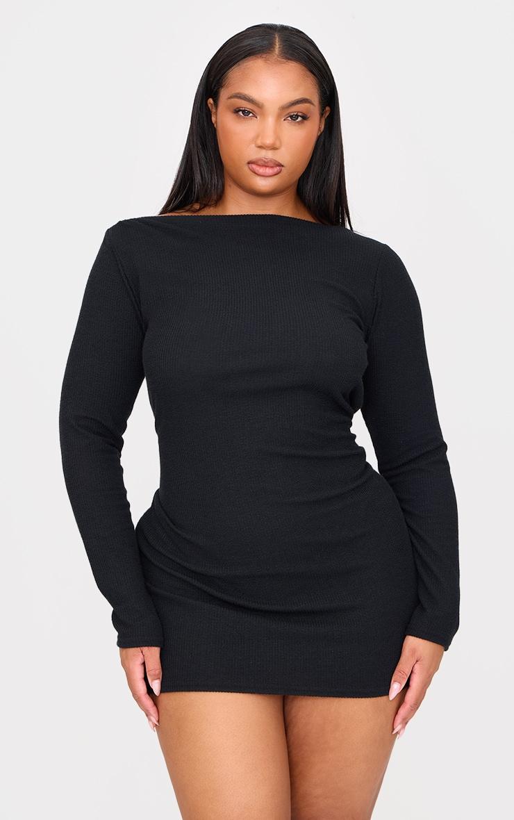 Plus Black Slash Neck Long Sleeve Ribbed Mini Dress Product Image