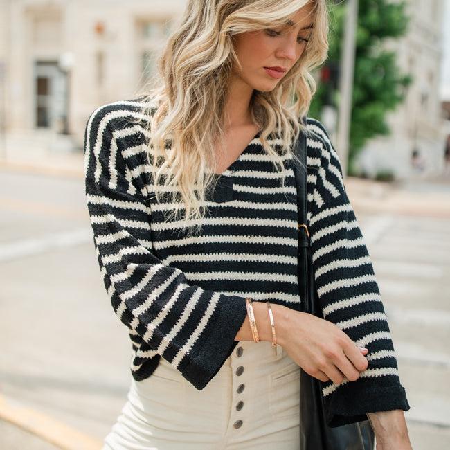 Take The Long Way Black and Ivory Lightweight Knit Striped Sweater Product Image