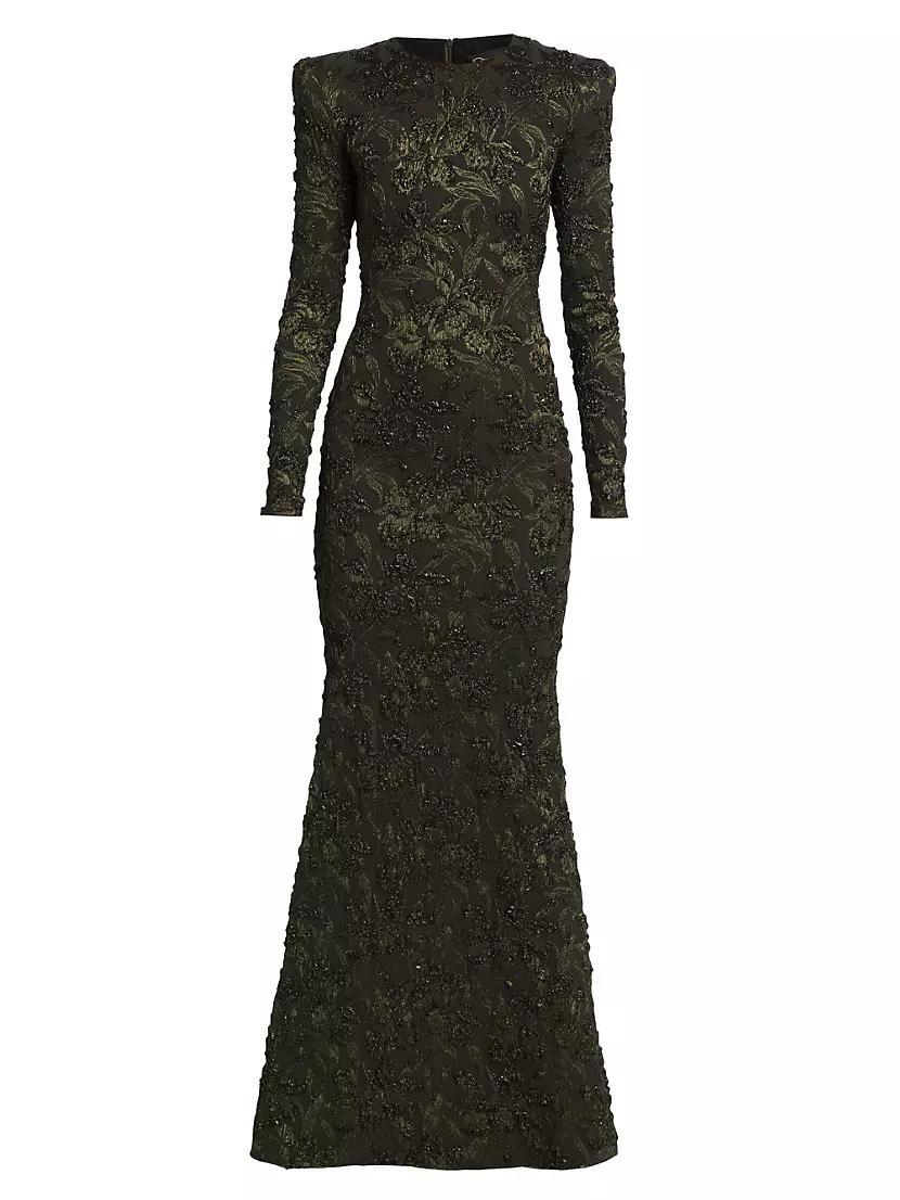 Long-Sleeve Metallic Jacquard Gown Product Image