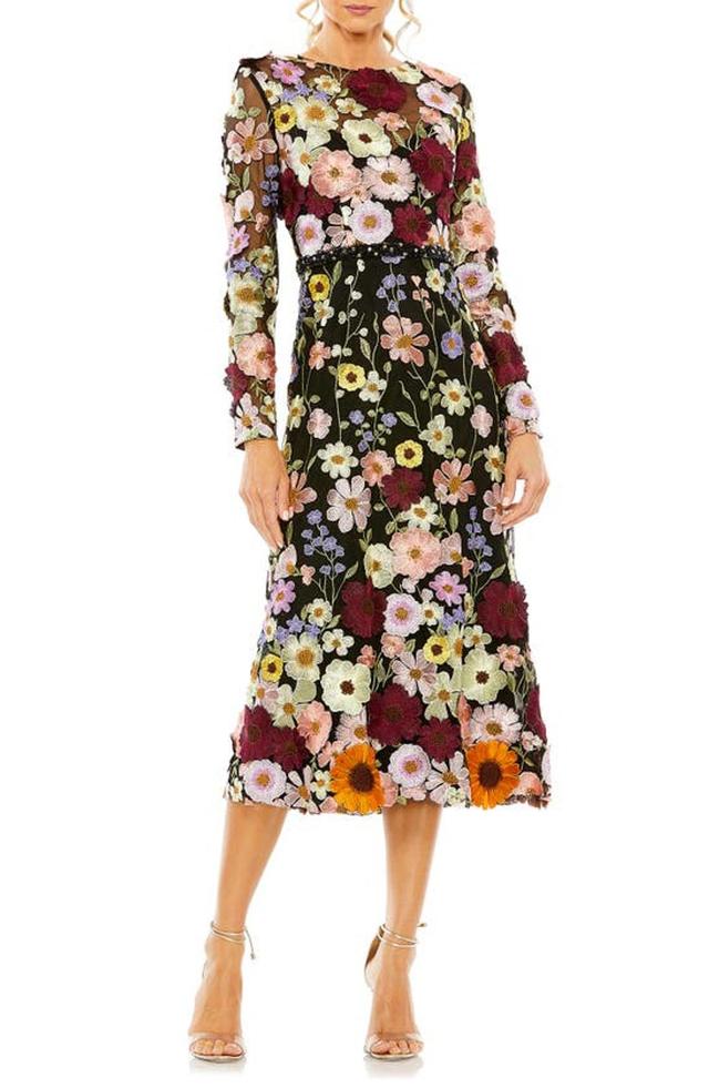 Floral Embroidered Long Sleeve Cocktail Dress In Black Multi Product Image