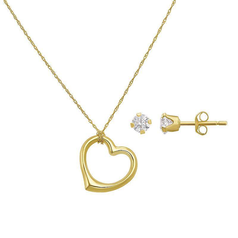 Taylor Grace 10k Gold Cubic Zirconia Open Heart Necklace & Stud Earrings Set, Womens Product Image