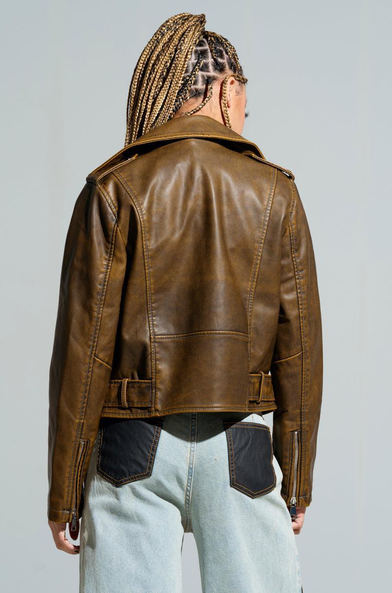 LOOKING FOR TROUBLE DISTRESSED MOTO IN BROWN Product Image