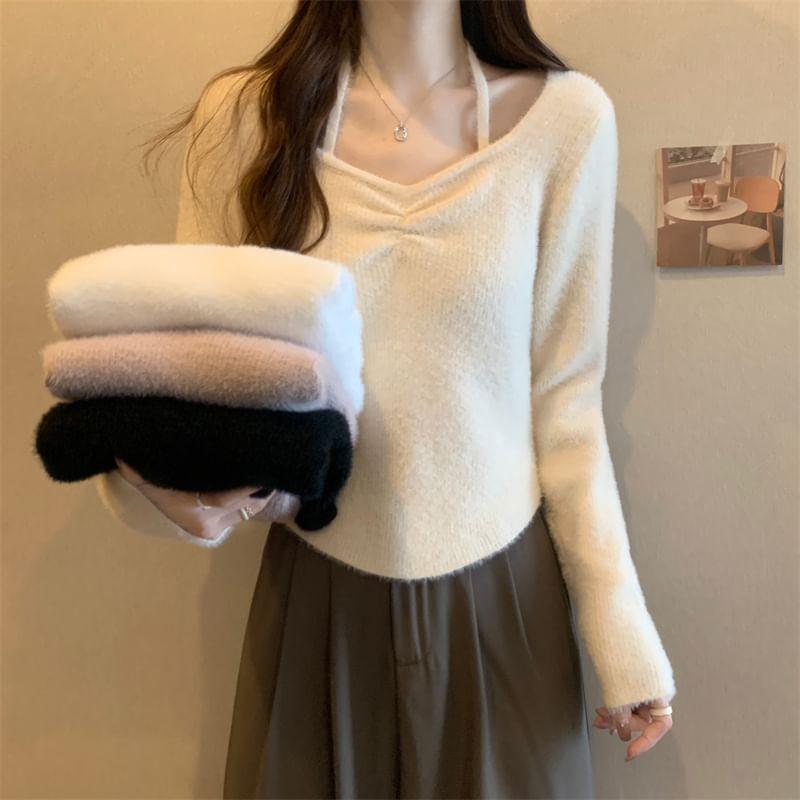 V-Neck Plain Ruched Sweater Product Image